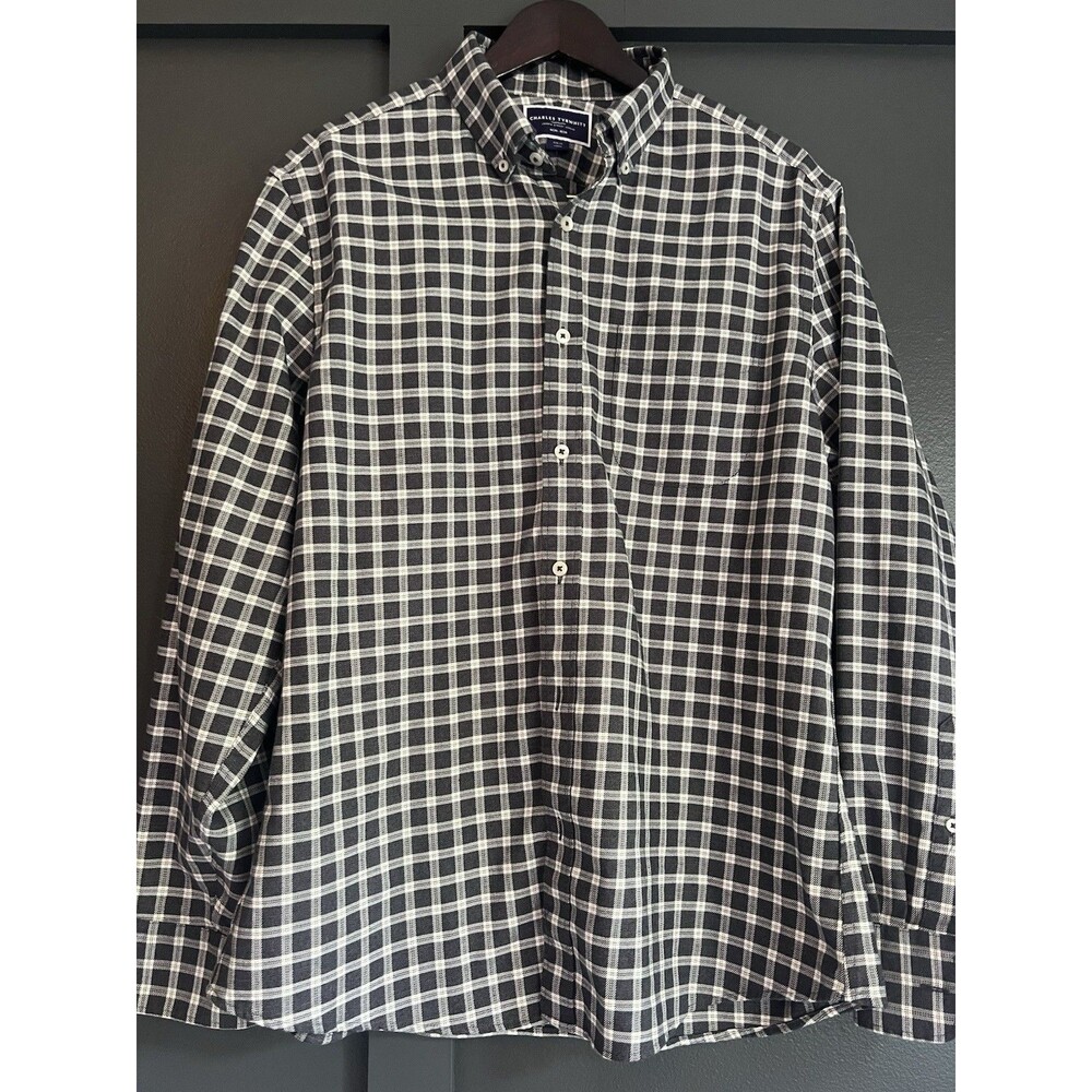 Charles Tyrwhitt Non-Iron Twill Check Shirt Mens L Large Slim Fit Long Sleeve
